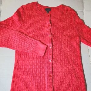 Talbots Pima Cotton Cable Knit Cardigan Womens MED Coral Classic Staple Coastal